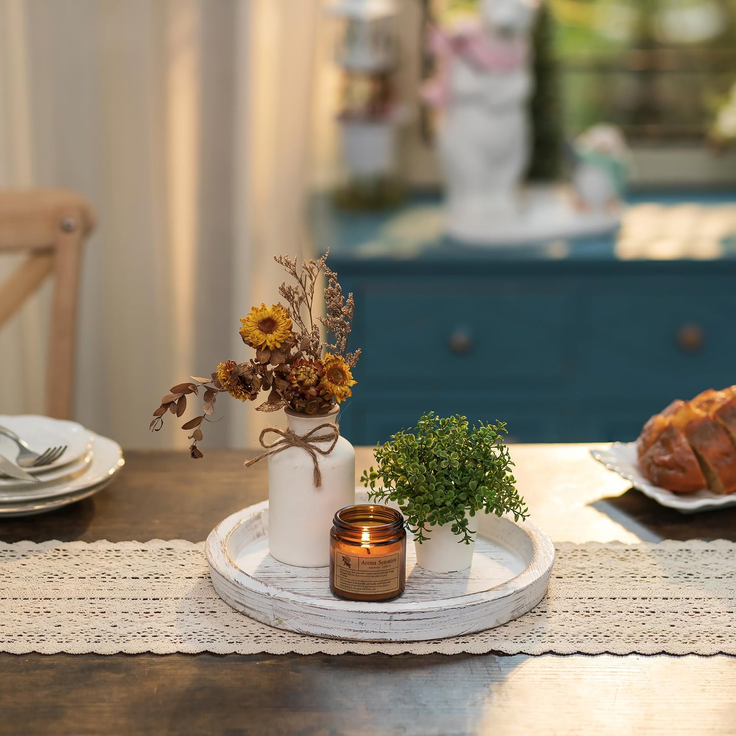 Hanobe Candle Plate Holder Tray: Round Wood Decorative Candle Plate - Rustic Farmhouse CoffeeTable Decor - Tealight Pillar Trays for Home Decor (White Rustic)