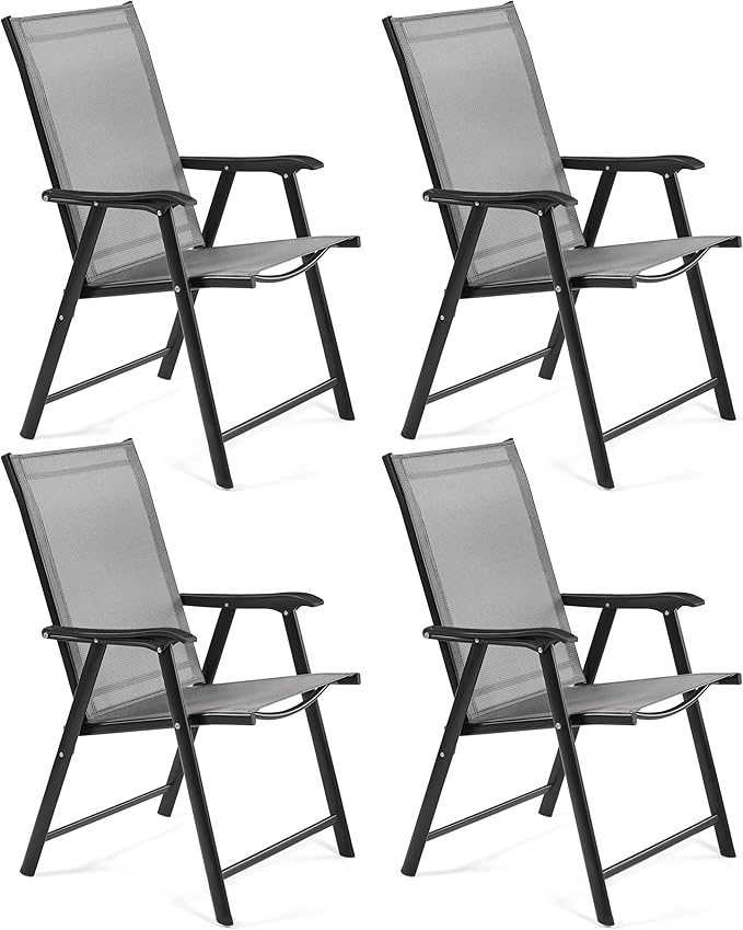 Yaheetech Patio Dining Chairs Set of 4 with Armrests, Outdoor Folding Chairs with Metal Frame and Backrest for Lawn, Garden, Yard and Poolside, Gray
