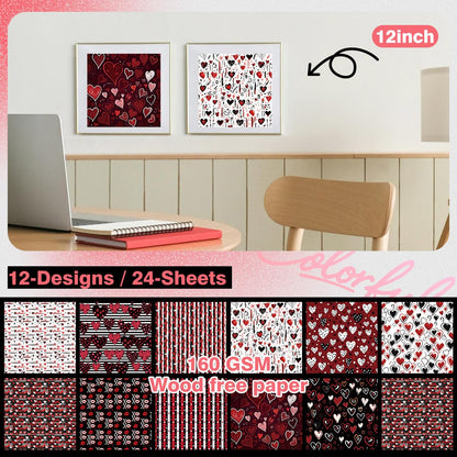 Valentine’s Day Scrapbook Paper 12 x 12 Double Sided Printing Red Black Heart Love Patterned Craft Paper for Card Making Photo Album Wedding Anniversary Party Decorative 24 Sheets