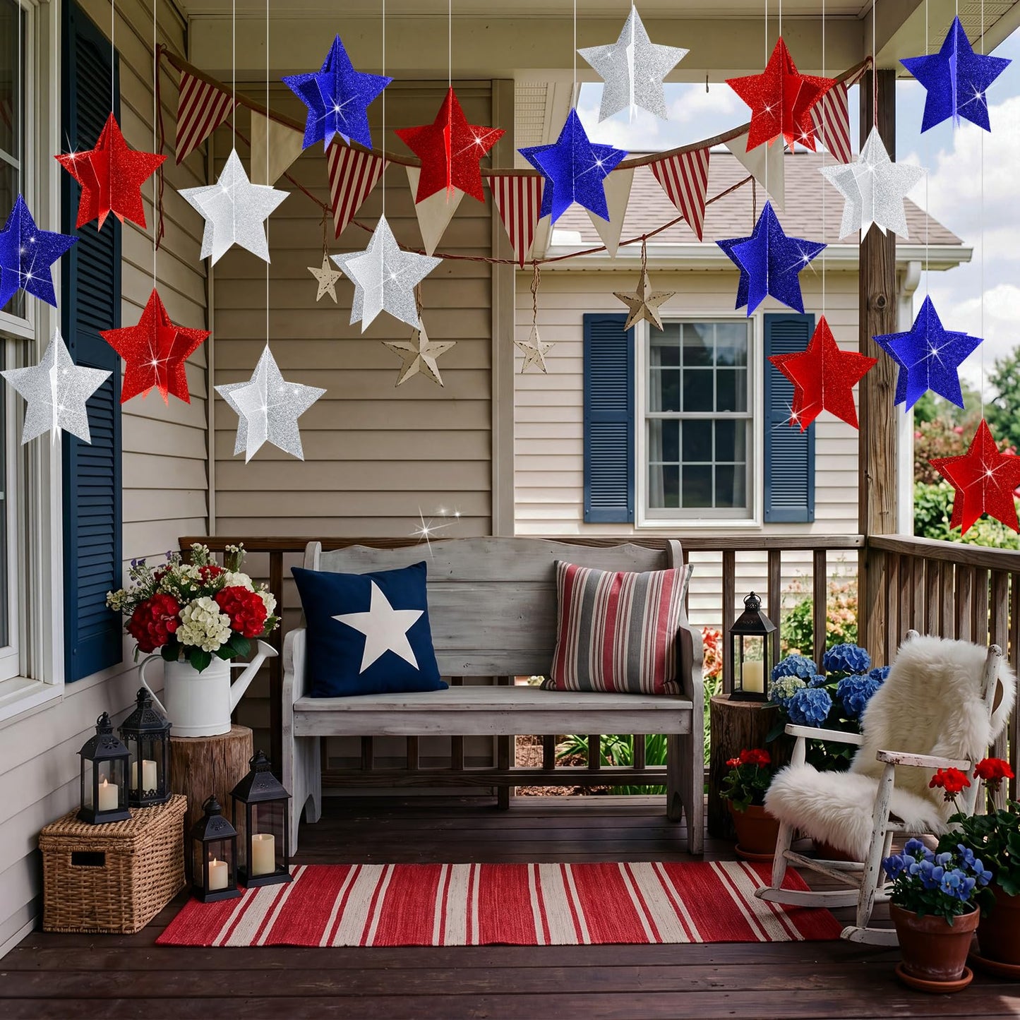 Novabright 18 Pcs 250th Anniversary Patriotic Star Hanging Decorations 4th of July 3D Glittering Red White and Blue Star Ornaments 4.7"x4.7" for Independence Day Party Indoor Outdoor Ceiling Decor