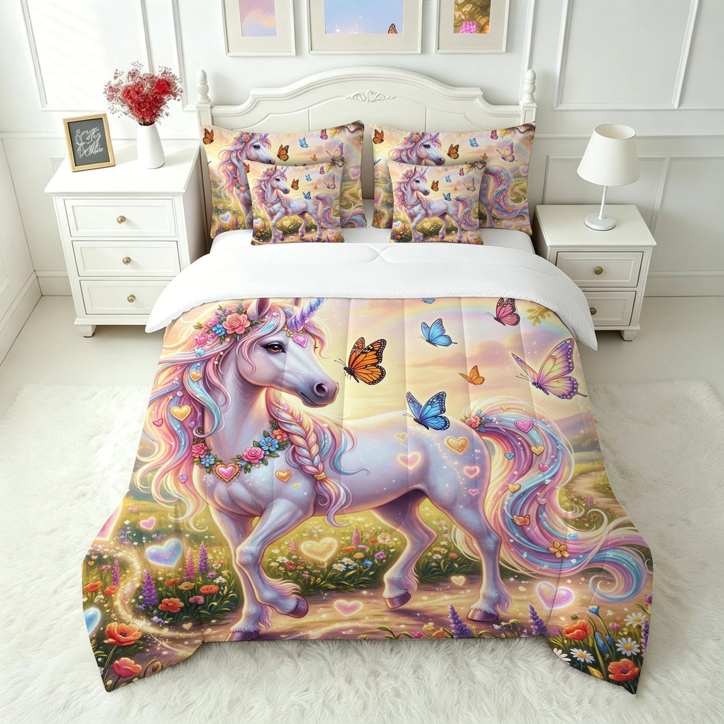 FUYEUN Unicorn King Comforter Set with Sheets for Kids Boys Girls Dreamy Rainbow Print 7 Pieces Cute Bedding Set Cartoon Animal Bed in a Bag Princess Room Decor