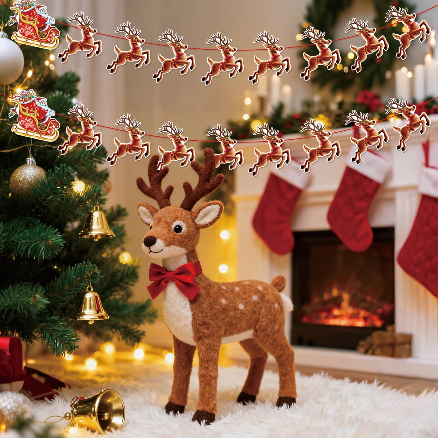 Christmas Banner,2 Set Pre-Strung Santa and Reindeer Bunting Garlands for Merry Christmas Party Decorations,Inside,Home, Office,Fireplace,Wall,Window Hanging Decoration,Xmas Holiday Decor Supplies