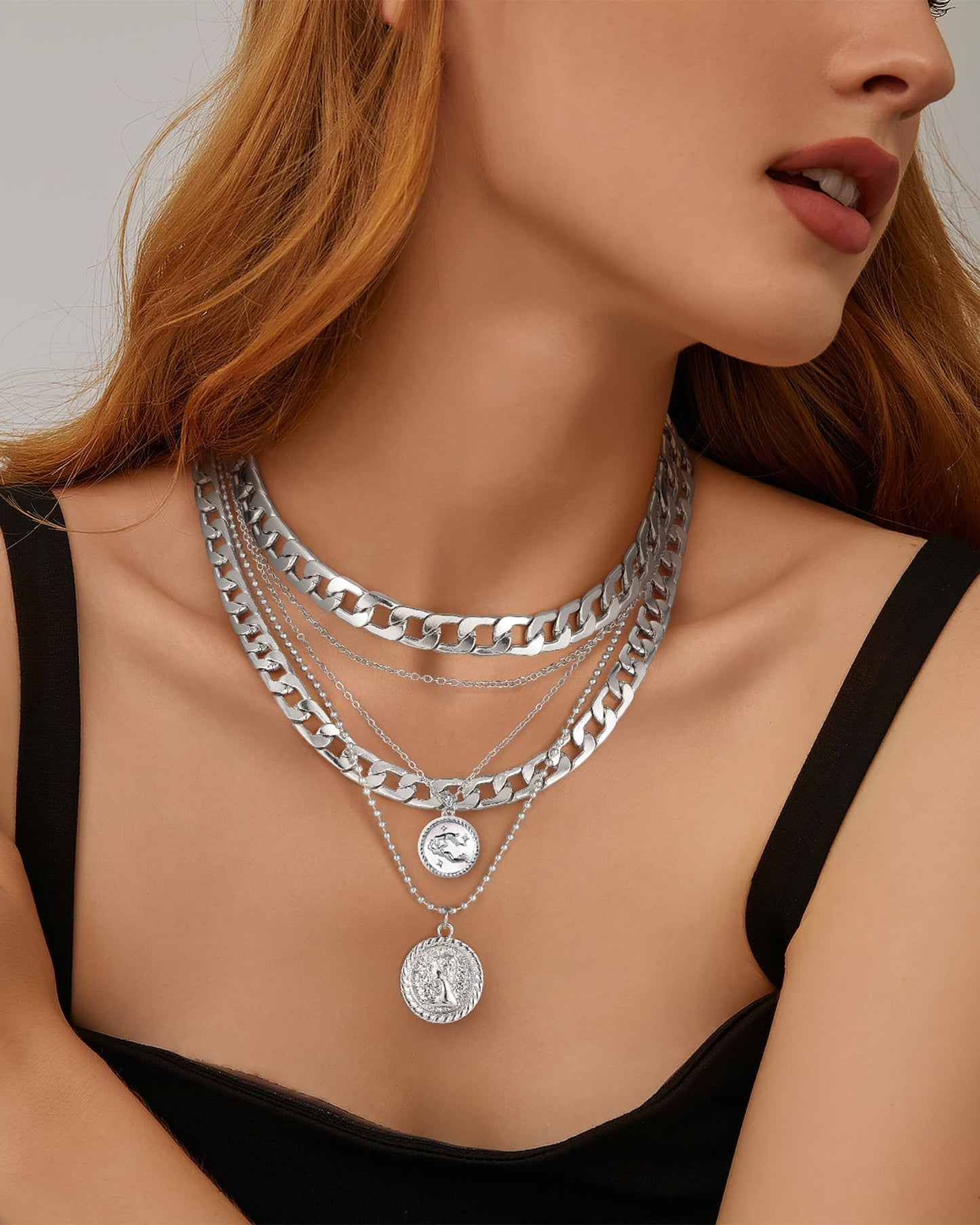 MJartoria Gold Layered Necklaces for Women Trendy Retro Coin Pendant Necklace Dainty Chunky Chain Choker Necklaces for Jewelry Birthday Gifts (Silver, Zodiac-Aquarius-3PCS Layered)