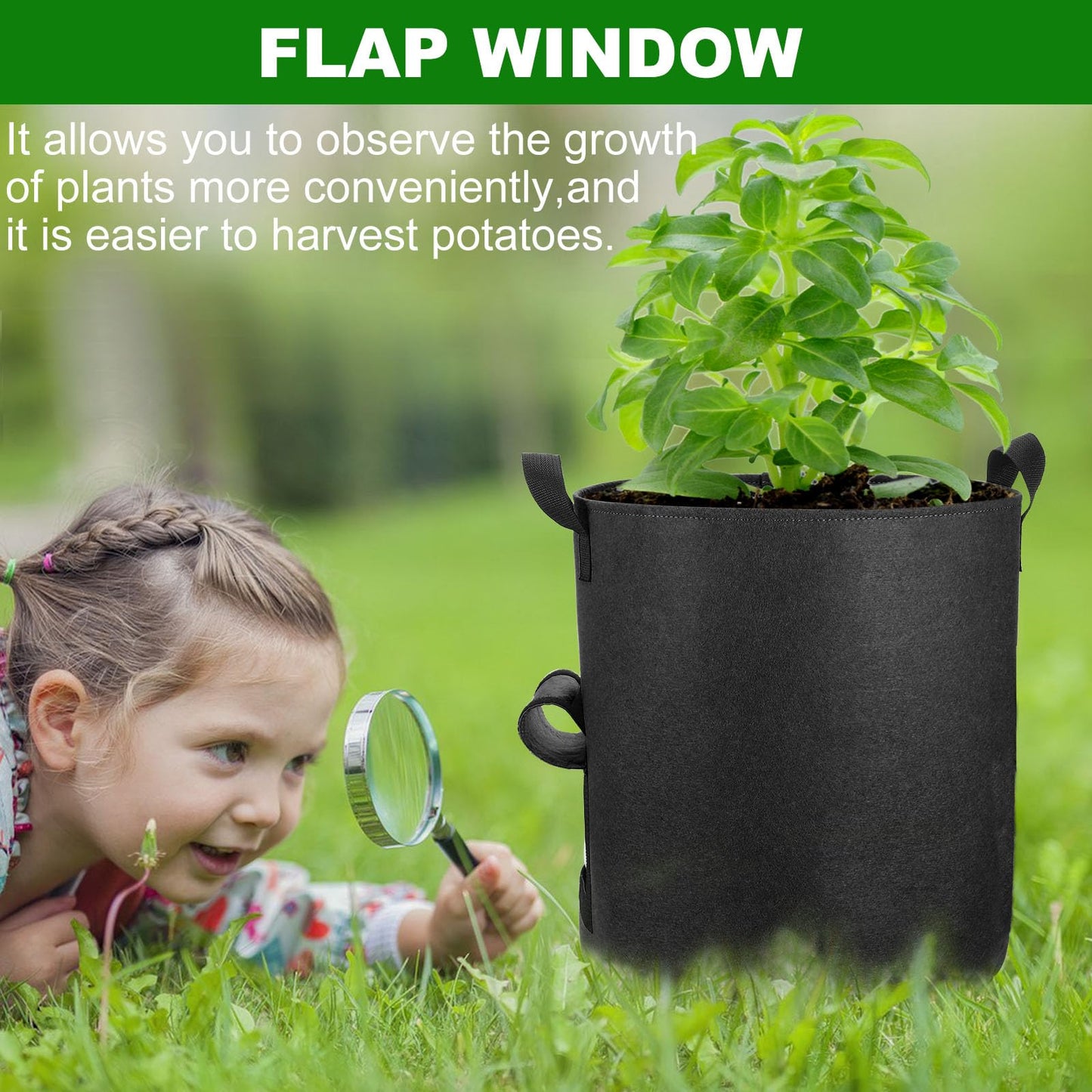 OPPOLIFE 6-Pack 10 Gallon Potato Grow Bags with Flap Window, Heavy Duty Aeration Fabric Pots with Handles for Garden and Planting(Black)