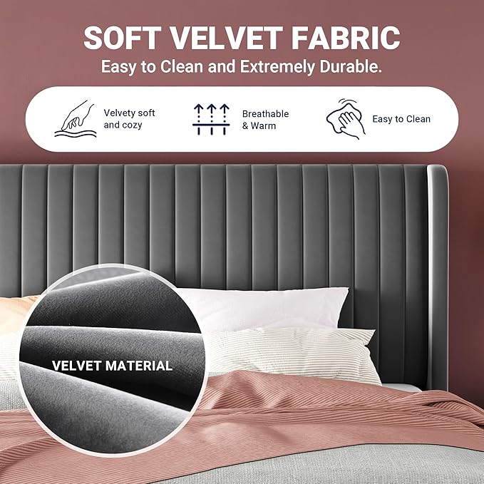 Allewie Queen Size Velvet Bed Frame/Vertical Channel Tufted Wingback