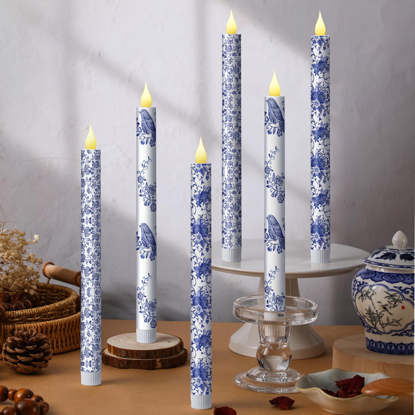 Baquler 6 Pcs Chinoiserie Flameless Candles Coastal Chinoiserie Bird Home Decor 10.6 Inch Blue and White Battery Operated LED Candlesticks for Holiday Wedding Party Summer Table Centerpiece