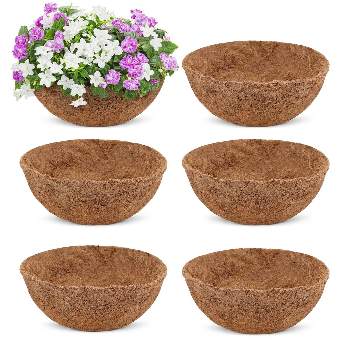 6 Pcs 8inch Coconut Fiber for Plants Round Hanging Basket Liner Wall Planter Insert Replacement Coco Coir Liner for Window Box, 100% Natural Coconut Fiber Fence Flower Baskets Pot (6, 8 inch)