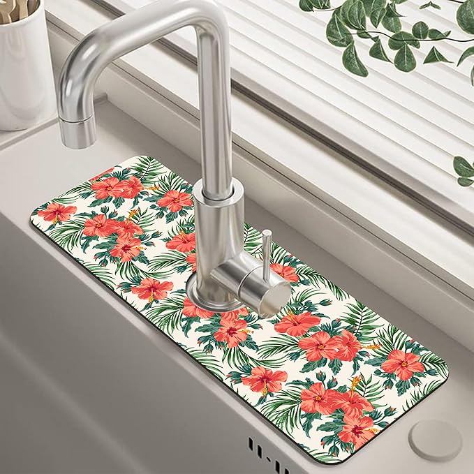Tropical Leaves and Red Floral Kitchen Sink Splash Guard Mat Absorbent Fast