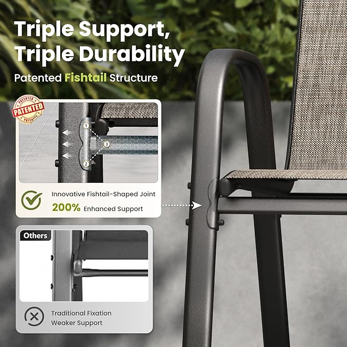 PHI VILLA Patio Chairs Set of 2, Outdoor Stackable Dining Chairs with E-Coating Metal Frame and Upgraded Textilene Fabric, All Weather Deck Chair 350 LBS Capacity for Porch Poolside Garden