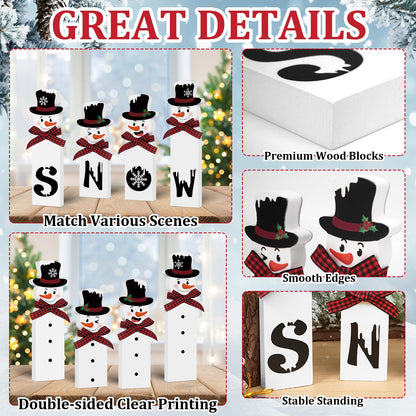 Christmas Snowman Decorations Indoor, Wooden Snowman Block Merry Christmas Sign, Let It Snow Winter Xmas Decor, Cute Xmas Tiered Tray Decorations Table Centerpiece for Mantel Home Holiday Decor