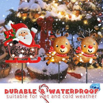 WONDER GARDEN Christmas Metal Yard Stakes, Lighted 3 Pack Christmas Garden Stakes Yard Signs, Outdoor Decorations with Santa Sleigh and Reindeer for Lawn Party Outside