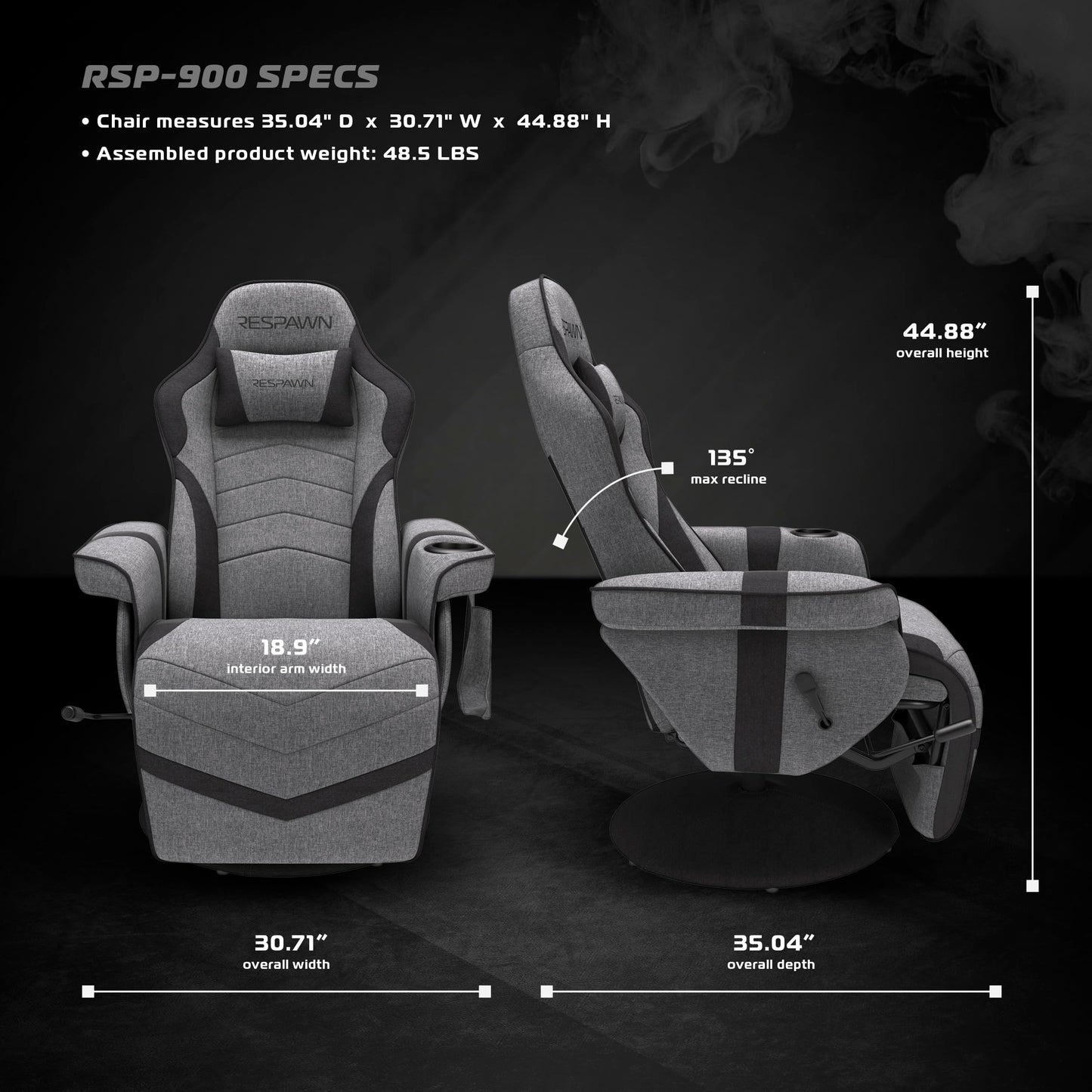 RESPAWN 900 Gaming Chair - Video Games Console Recliner, Computer Chair With Adjustable Leg Rest, Cupholder, and Footrest - Gray Fabric