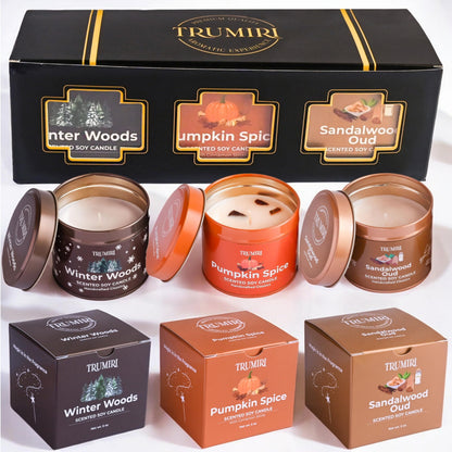 Winter Woods, Pumpkin Spice, Sandalwood Oud - Soy Candles Non Toxic - Highly Scented Long Lasting with Essential Oils - Variety Pack of 3 x 5oz - for Home Aromatherapy Meditation Gift Travel