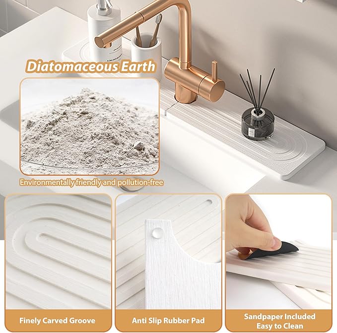 Kitchen Sink Faucet Mat, Diatomaceous Earth Quick Dry Sink Splashback Drying Mat