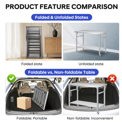COZONY 48" x 24" Stainless Steel Folding Table - 920 LBS Commercial Foldable Prep Table, Metal Worktable with Adjustable Undershelf and Lockable Casters, for Home Kitchen Restaurant Garage Warehouse