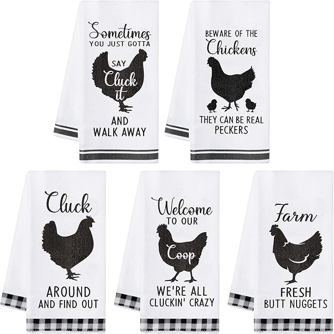 R HORSE 5Pcs Funny Chicken Kitchen Dish Towel Set Absorbent Quick Dry Cloth
