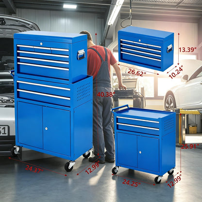 GarveeTech 24 Inch 8 Drawer Lockable Rolling Tool Chest, 2 in 1 Detachable Metal Tool Box Cabinet with Wheels, Heavy Duty Secure Storage Organizer with Portable Top Chest for Garage Workshop, Blue