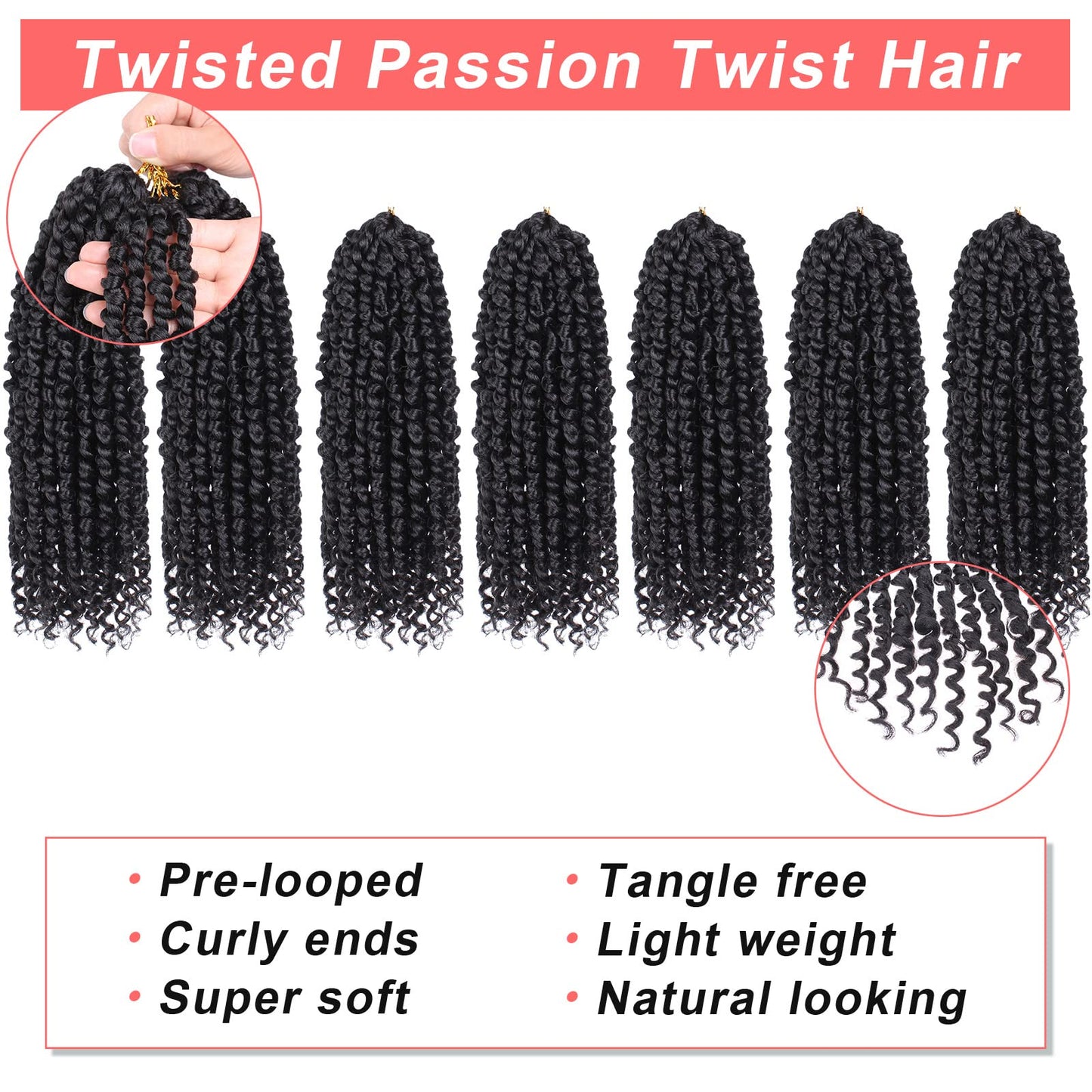 Xtrend 10 Inch 8 Packs Pre twisted Passion Twist Crochet Hair Natural Black Bohemian Pre-looped Short Bob Passion Twists Hair Extensions for Women(1B#)