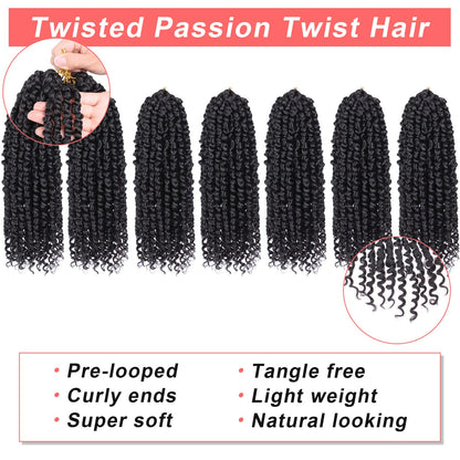 Xtrend 10 Inch 8 Packs Pre twisted Passion Twist Crochet Hair Natural Black Bohemian Pre-looped Short Bob Passion Twists Hair Extensions for Women(1B#)