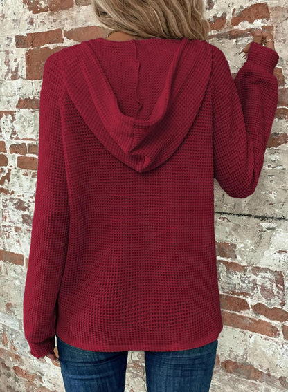 Dokotoo Hoodies for Women Waffle Knit Drawstring Button V Neck Long Sleeve Shirts Christmas Sweaters Pullover Sweatshirt Tops Lightweight Casual Cute Cozy Fall Winter Fashion Outfits Red X-Large