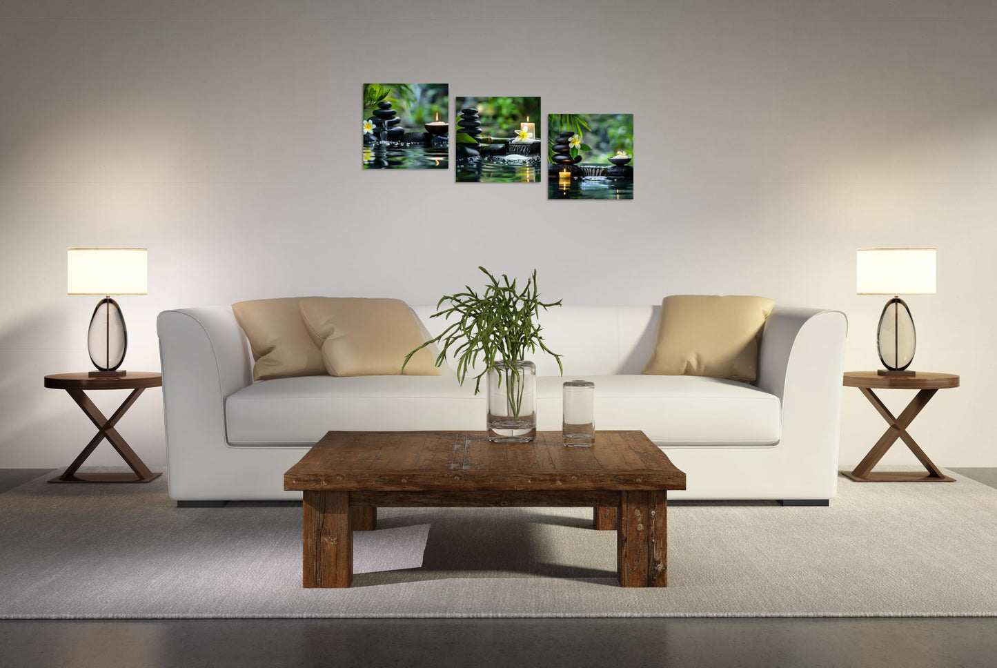TutuBeer 3 Panels Zen Wall Art Zen Pictures for Bathroom Spa Stone Green Bamboo White Frangipani Flower Pictures Print on Canvas for Home Office Kitchen Wall Decor Stretched and Framed 12x12inchx3