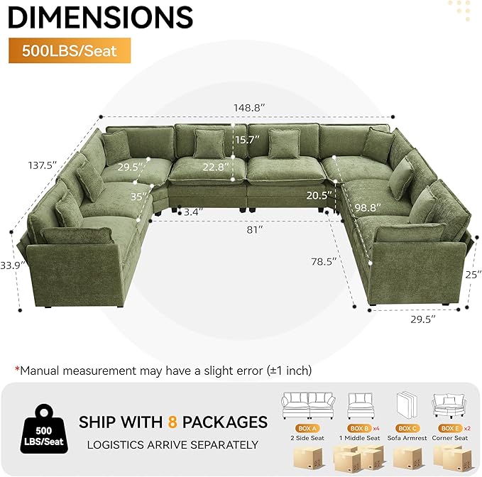 147'' Oversized U Shaped Cloud Sectional Sofa, Chenille Deep Seat Couches
