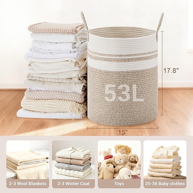 Tall Laundry Basket with Handles, 53L Portable Dirty Clothes Hamper, Boho