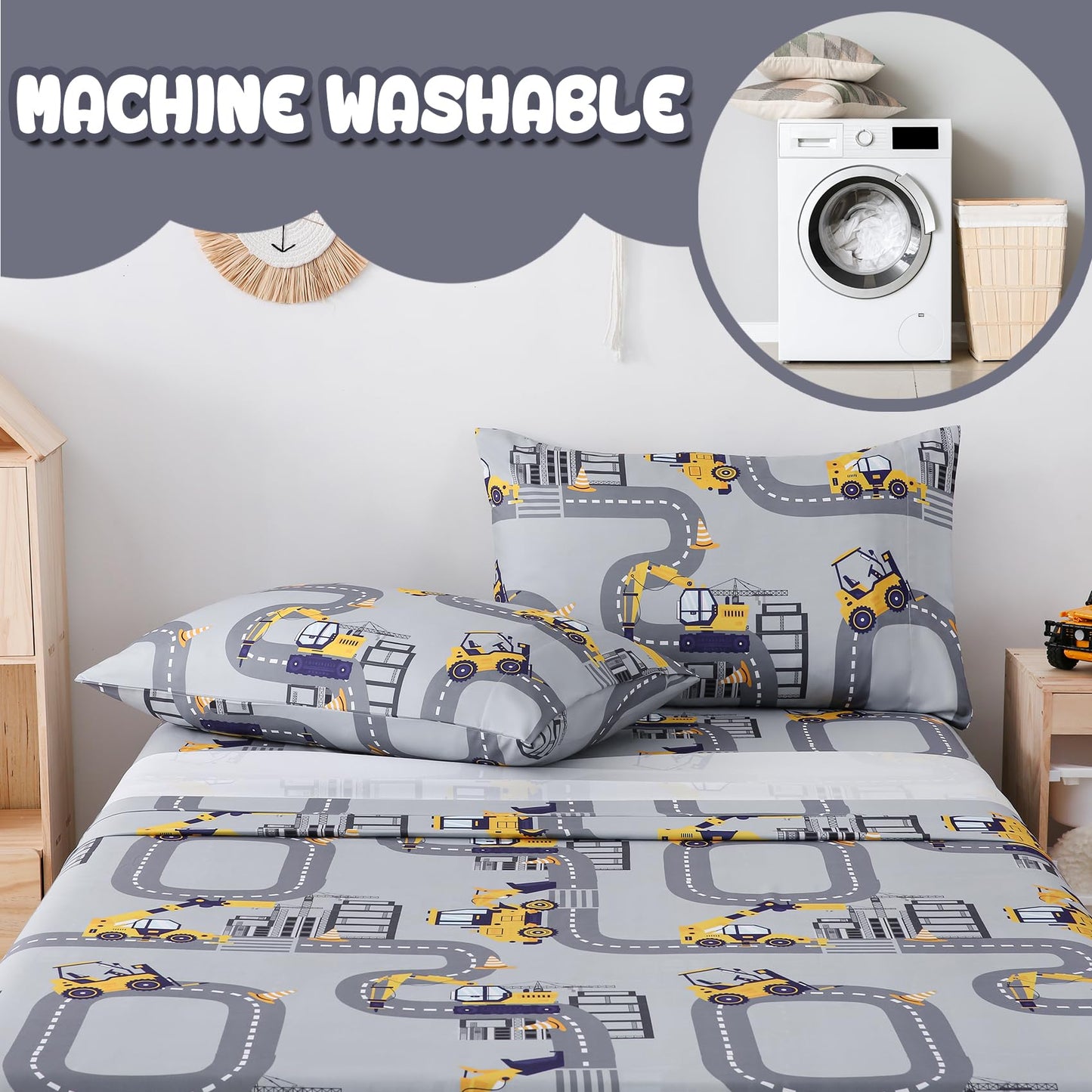 Yibeizi Twin Sheets Set Kids, Grey Truck Pattern Microfiber Single Bed Sheets, Cute Soft Oeko-Tex Extra Deep Pocket Sheets & Pillowcases Cooling Hypoallergenic Wrinkle Free Bedsheets