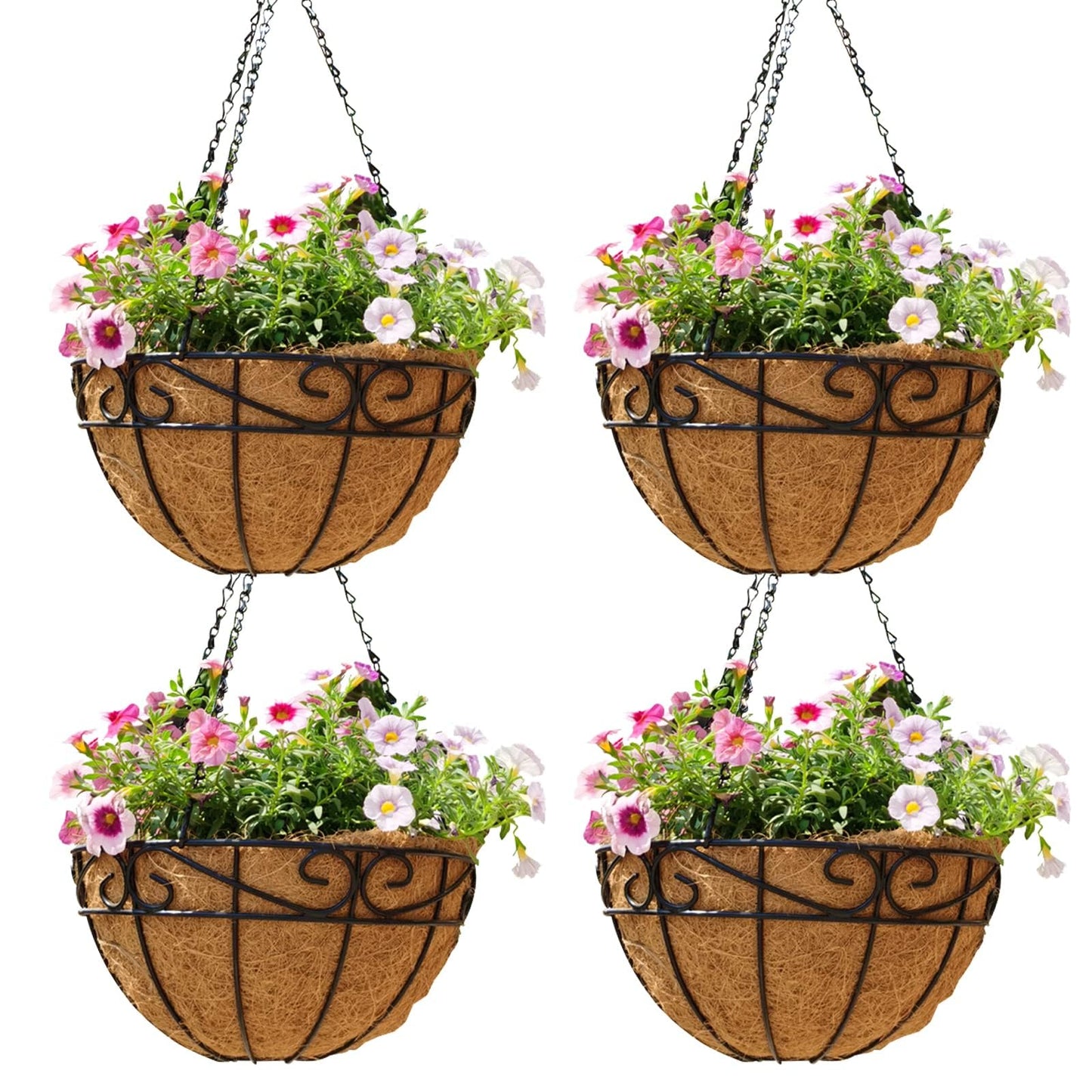 14 inch Metal Hanging Baskets For Plants Outdoor 4 Pack Round Metal Wire Hanging Basket Planter with Coco Fiber Liners Chain Round Wire Plant Holder for Garden, Patio, Deck, Porch Plants Flower Potss
