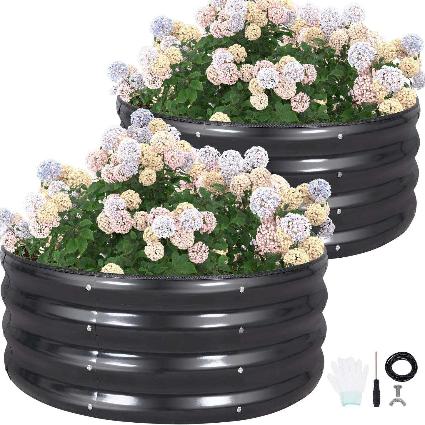 G GOOD GAIN Round Raised Garden Bed - 2Pcs 3x3x1ft Galvanized Steel Planter Boxes Outdoor with Rubber Edge Trim | Metal Raised Beds for Gardening Vegetables Flowers Fruits Herbs (Dark Grey)