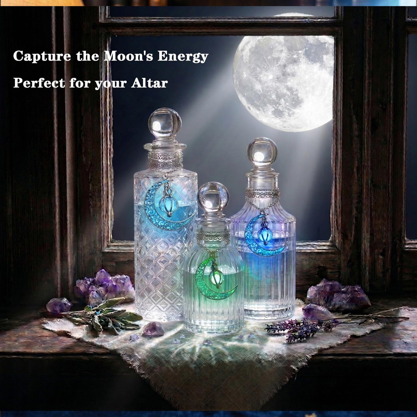 Moon Energy Glass Bottle Set with 3 Luminous Moon Pattern Necklace, Airtight Glass Jars for Crystal Cleansing, Rituals & Altar Decor Meditation Witchcraft with Leak-Proof Silicone Stopper