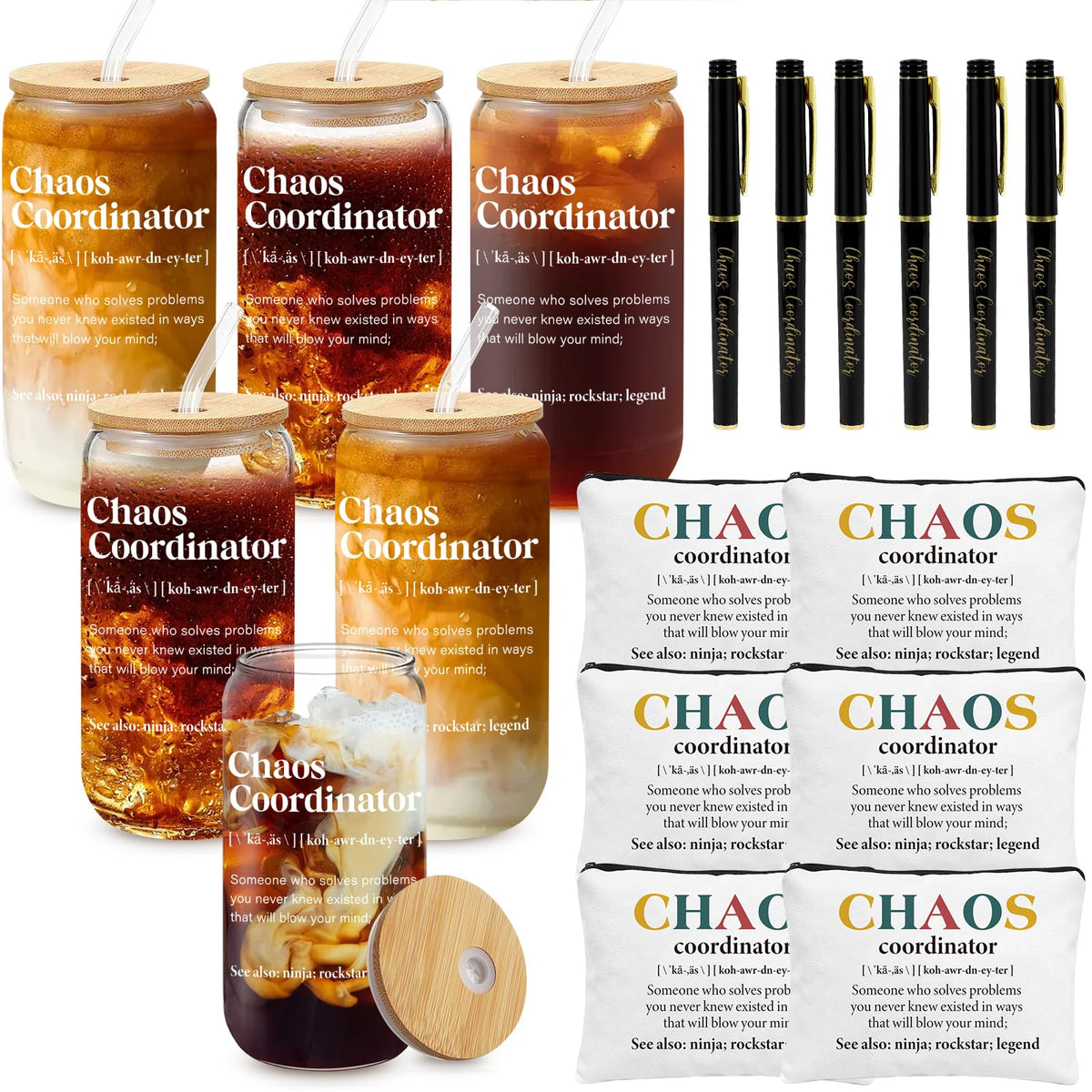 6 Set Employee Appreciation Gifts Bulk, Chaos Coordinator Gifts for Coworker Staff Teacher Nurses, Thank You Glasses Cups 16 oz Can Shaped Beer Glass Makeup Bag Ballpoint Pen for Women Men