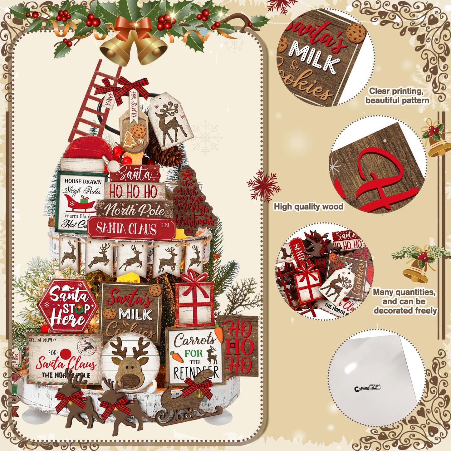 CroBlissful 23 Pcs Christmas Winter Tiered Tray Decor Snowman Farmhouse Decor Winter Tiered Table Centerpieces Wood Blocks Signs for Home Shelf, Without Tray(Red,Elk)