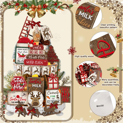 CroBlissful 23 Pcs Christmas Winter Tiered Tray Decor Snowman Farmhouse Decor Winter Tiered Table Centerpieces Wood Blocks Signs for Home Shelf, Without Tray(Red,Elk)