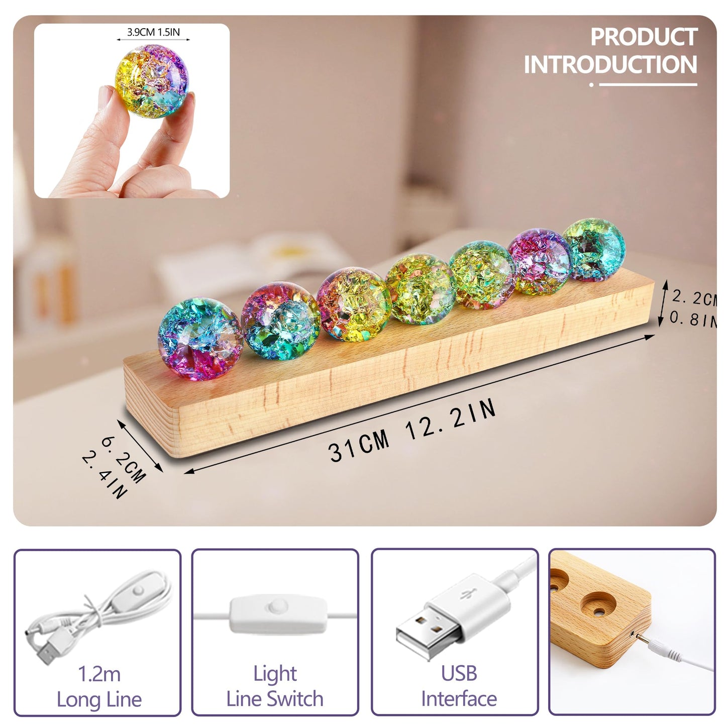 LOULIQIGIFT Set of 7 Crystal Balls Night Light Decor Healing Spheres with LED Wooden Stand for Meditation Energy Balancing Home Office Mother's Day Decoration Gifts for Women