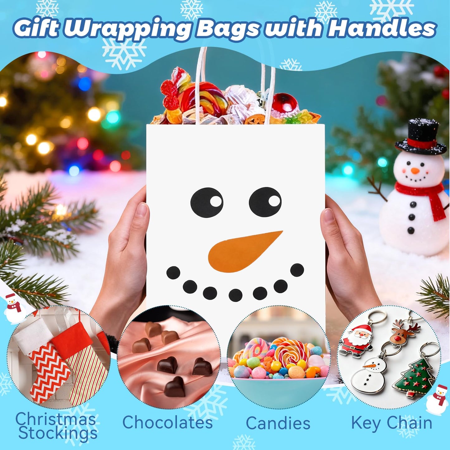 FOGWOWO 48 Pcs Snowman Gift Bags Christmas Winter Gift Bags Bulk with Handles,Snowman Goodie Bags Paper Candy Treat Bag Christmas Party Wrapping Supplies