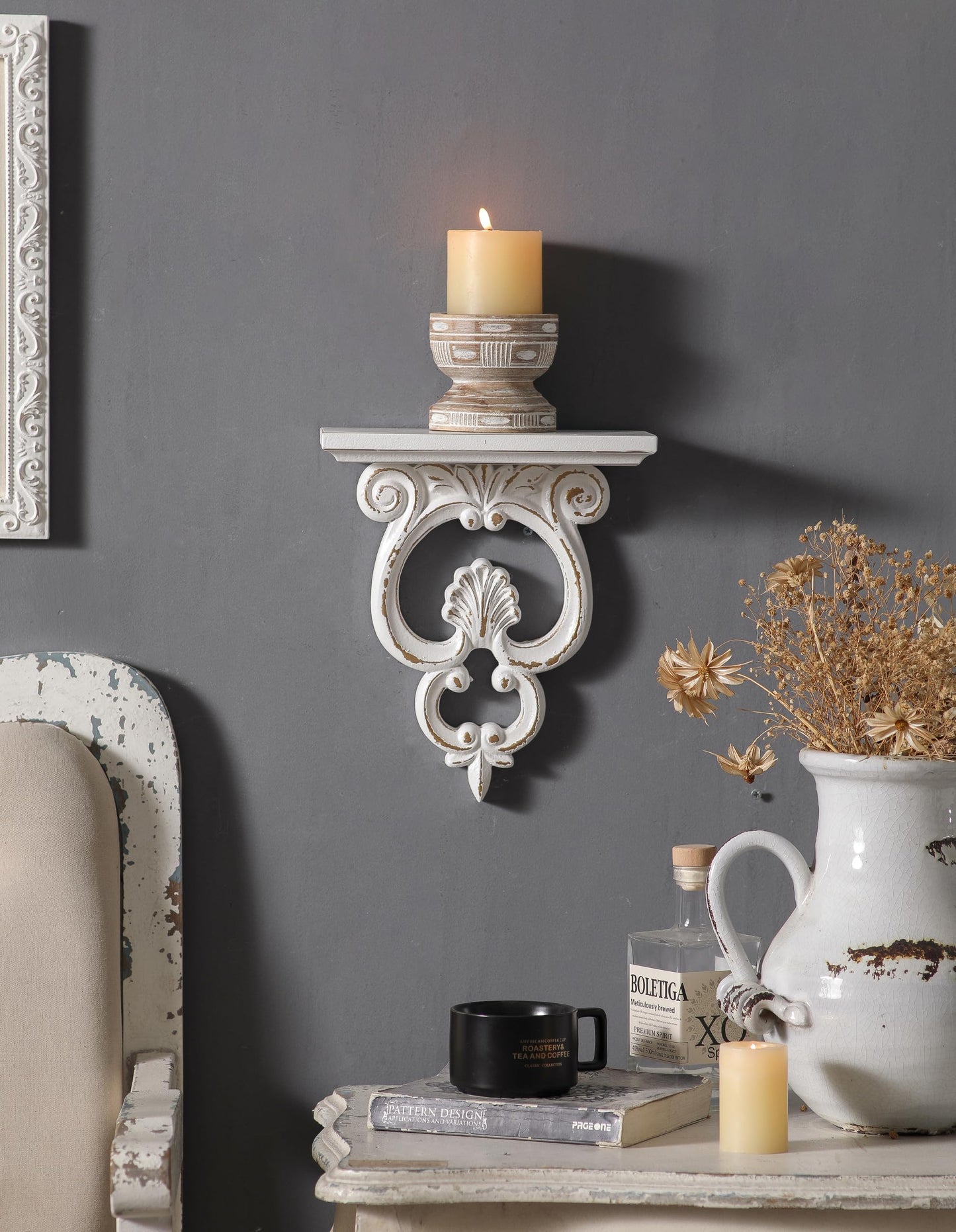 SOFE French White Floating Shelf Wood, Shabby Chic Shelves for Wall, Scroll Shape Hanging Shelf for Candle, Plant, Small Item, Living Room, Bedroom, Dining Room, Hallway Decor