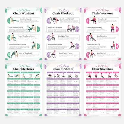 Chair Yoga Poster for Seniors & Beginners - Set of 6 Laminated Workout Posters - Gentle Seated Exercises for Stiffness, Joint Pain & Stress Relief - Easy to Follow 30-Day Challanges Home Workout Guide