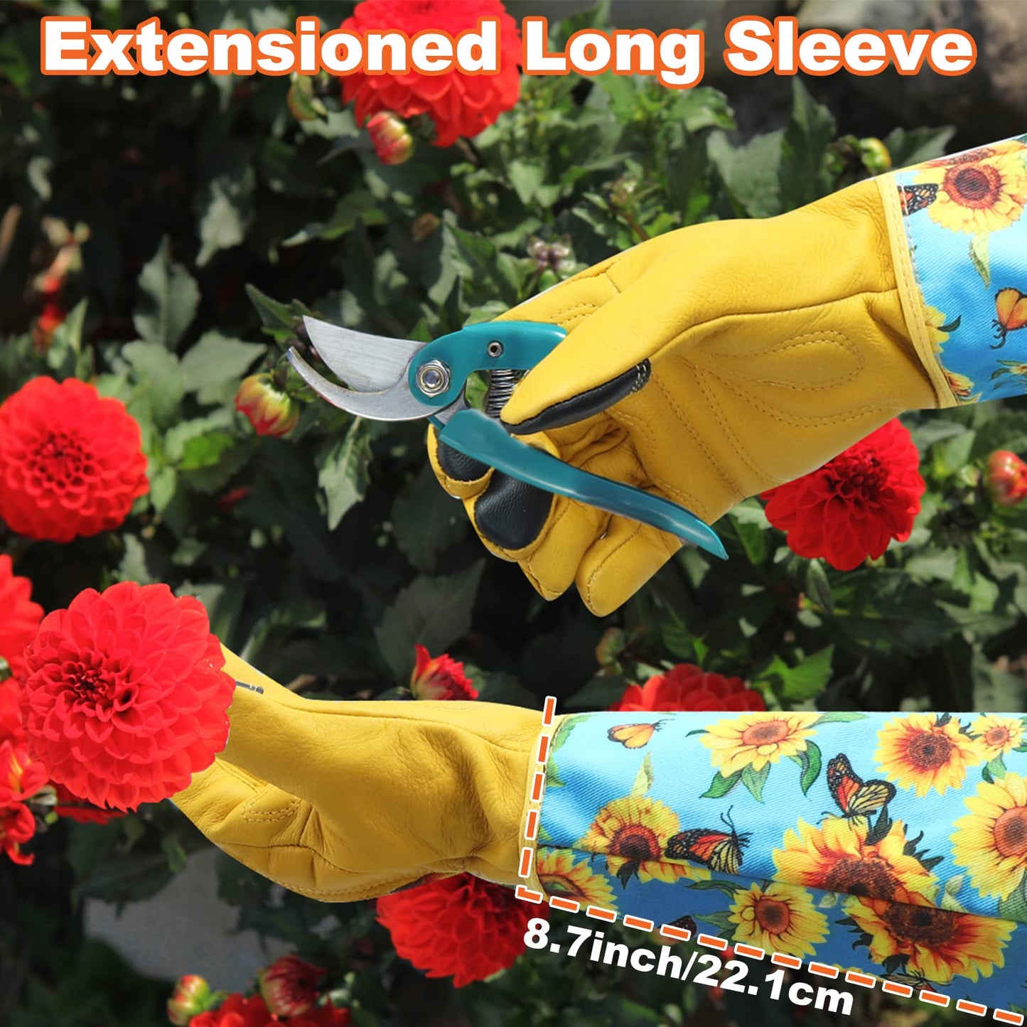 DLY Gardening-Gloves-for-Women, Thorn-Proof Long-Leather Garden Gloves, Rose/Blackberry Pruning Heavy Duty Gardening Work Gauntlet with Forearm Protection - Medium