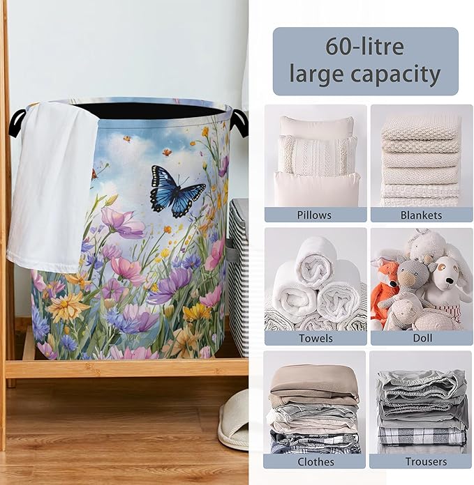 Wildflowers Butterfly Laundry Basket, Floral Garden Oxford Cloth Laundry Hamper