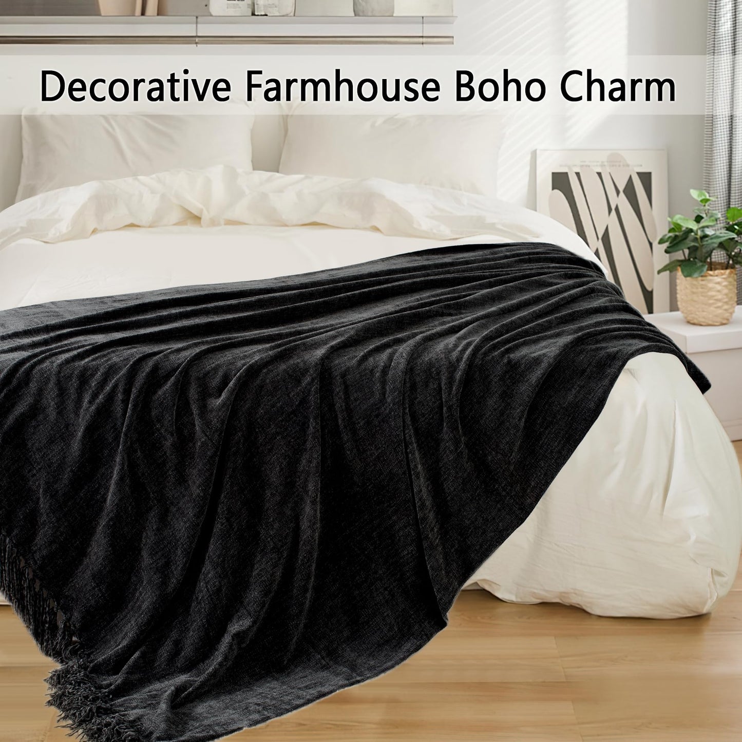 LONG CREATE Chunky Knit Throw Blanket Bundle Chenille Throw Blanket， 50"X 60" Black