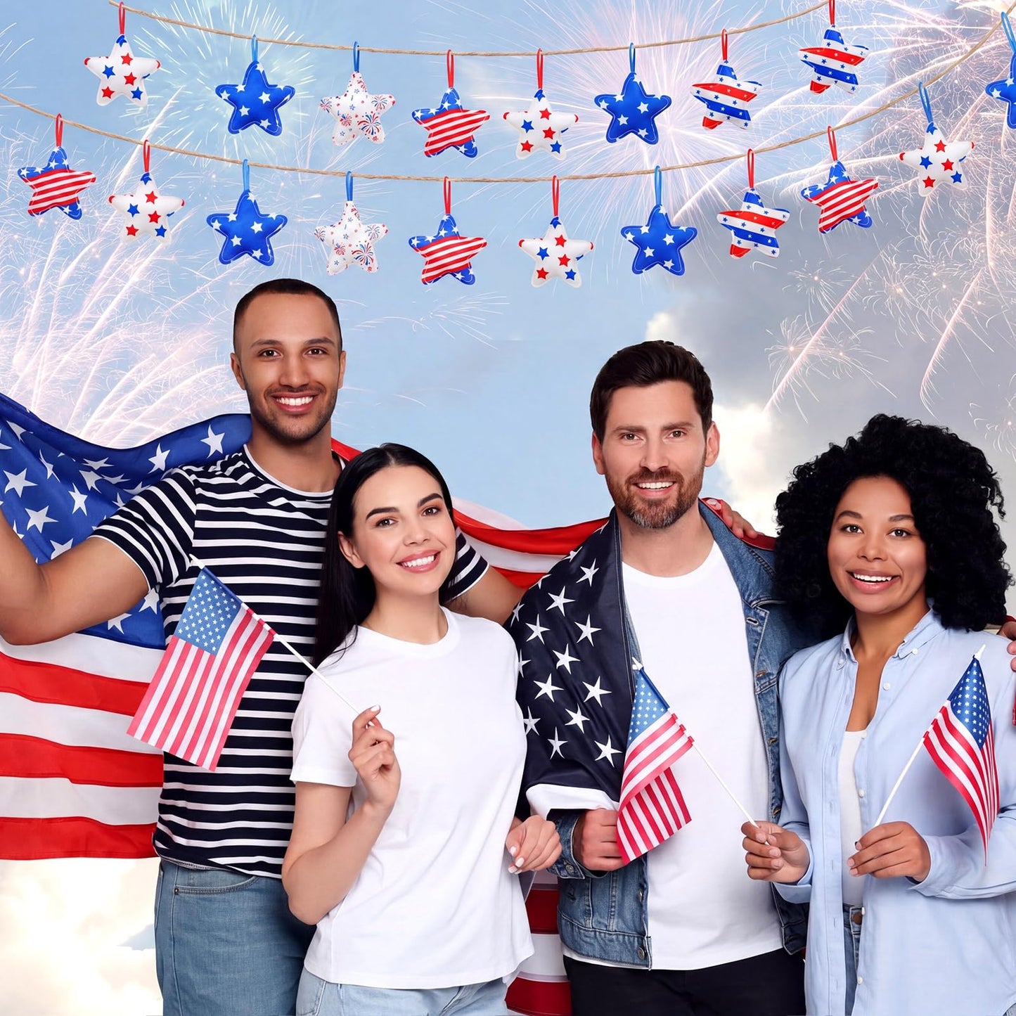 RattanView 24 Pcs 4th of July Ornaments Felt Star Patriotic Decoration for Tree 250th Anniversary Red White Blue Hanging Ornaments for Independence Day Memorial Day Party Supplies (Star)