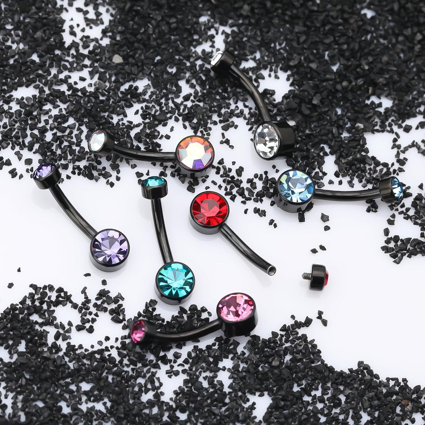 XUU Titanium Belly Button Rings, Black & Silver – 14G Internally Threaded Navel Piercing Jewelry, 10mm & 12mm Curved Barbells with 7 Colors Gems – Hypoallergenic (Black-Clear cz, 10MM)