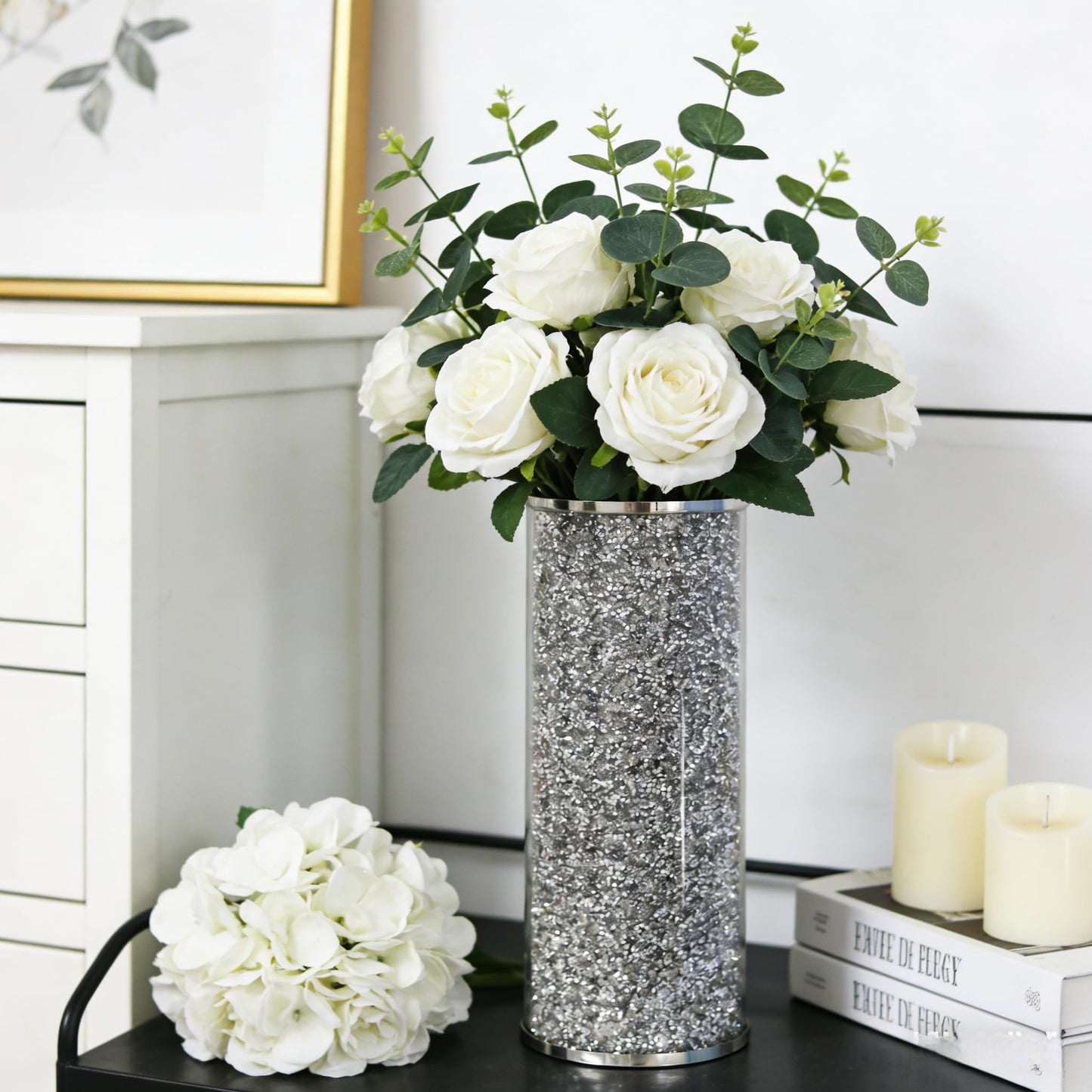Silver Crystal Flower Vase, 10" Large Crushed Diamond Vase, Shiny Round Modern Luxury Decorative Glass Vases for Home Decor, Dining Table, Bathroom, Bedroom, Sofa Table, Wedding