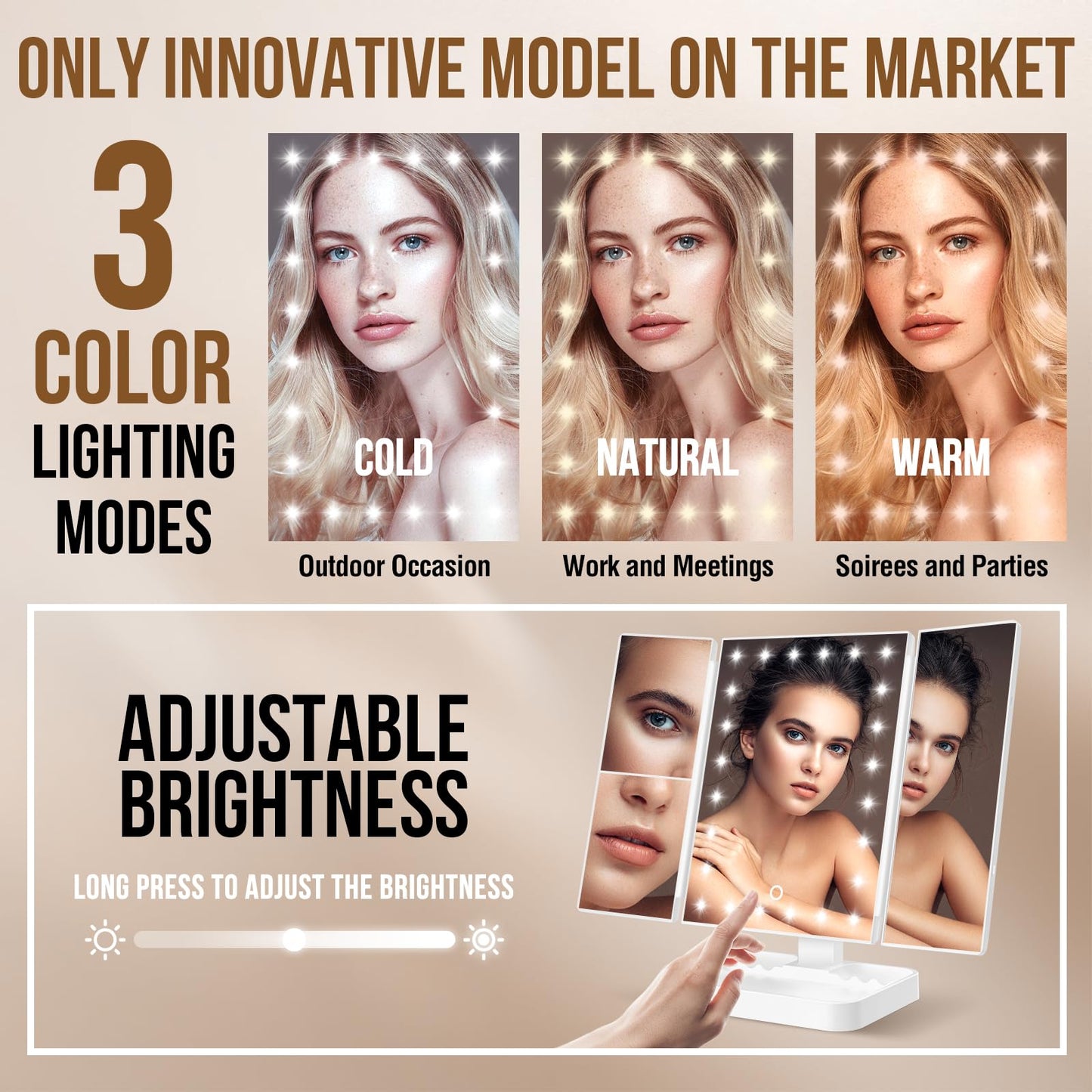 Wireless Rechargeable Lighted Makeup Mirror with 3 Color Lighting, 2000mAh Rechargeable Battery, 10x 3X 2X Magnification, 24 LED, 360 Degree Rotation, Gift for Woman (White)