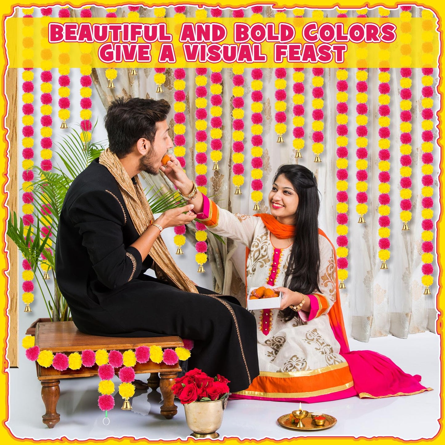 Riceshoot 10 Pcs Marigold Garland for Decoration Diwali Decor 5 Ft Long Artificial Marigold Flowers with Golden Bell Indian Garland for Pooja Wedding Events Day of the Dead Decor (Yellow and Purple)
