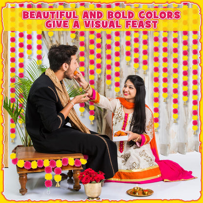 Riceshoot 10 Pcs Marigold Garland for Decoration Diwali Decor 5 Ft Long Artificial Marigold Flowers with Golden Bell Indian Garland for Pooja Wedding Events Day of the Dead Decor (Yellow and Purple)
