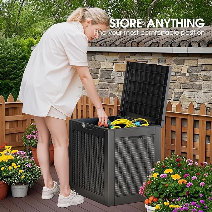 Outdoor Storage Box, Resin Deck Boxes Indoor and outdoor, Waterproof Storage Box Lockable Lid (Black, 35 Gallon)
