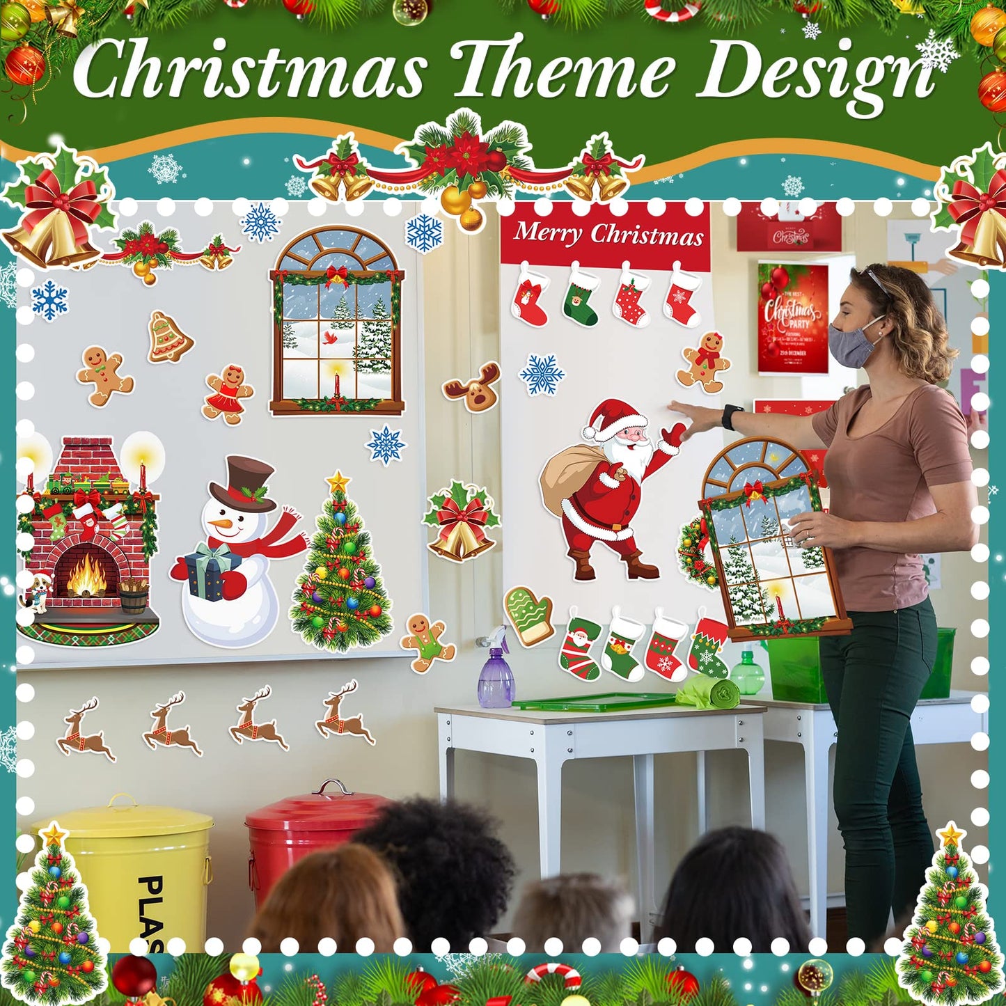 TaoBary 33 Pcs Christmas Bulletin Board Decorations Set for Classroom with Fireplace Santa Snowman Tree Window Garland Bell Stocking Gingerbread Xmas Cutouts for Office School Home Winter Party Decor