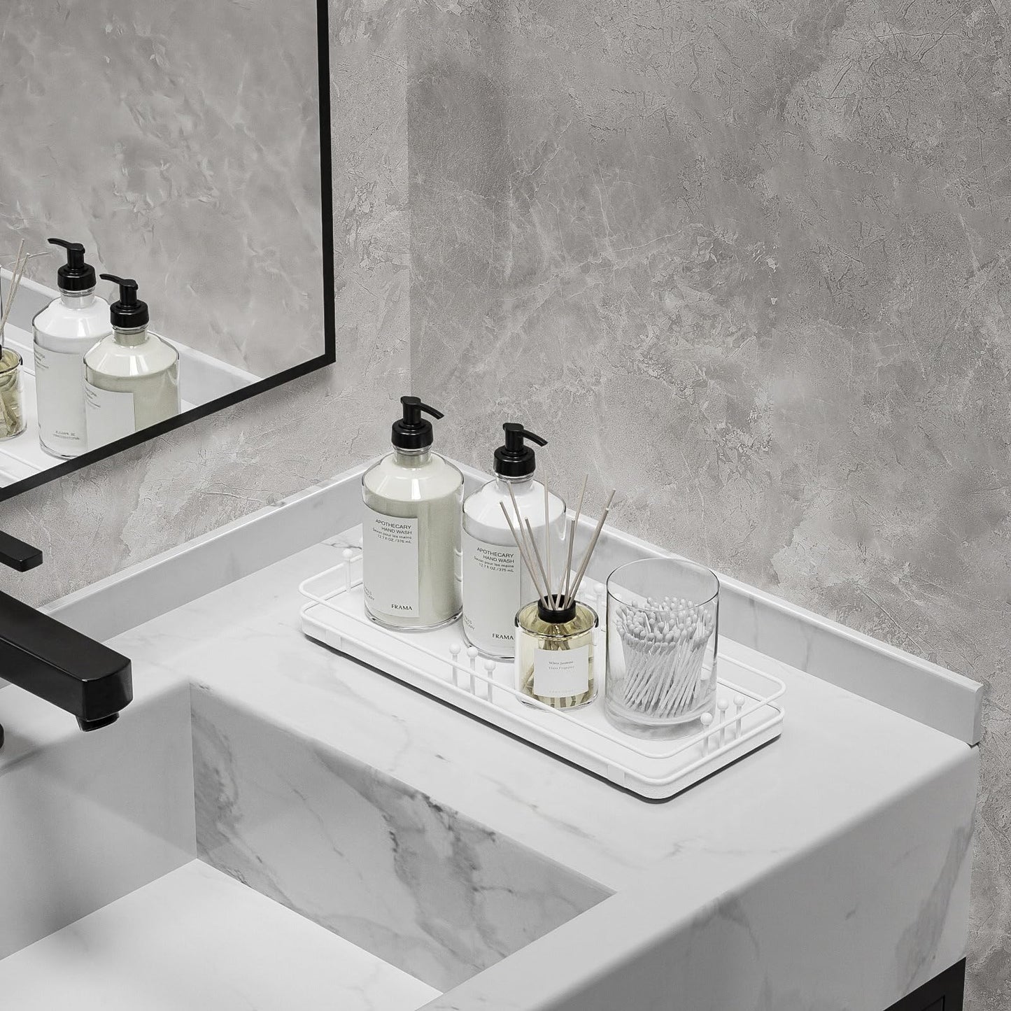Pursura Bathroom Vanity Tray for Countertop Toiletries Perfume Makeup Soap Dispenser Toilet Tank, Kitchen Tray for Salt Spice, Decor Tray for Candle Nightstand Coffee 11.3”x 4.4” White